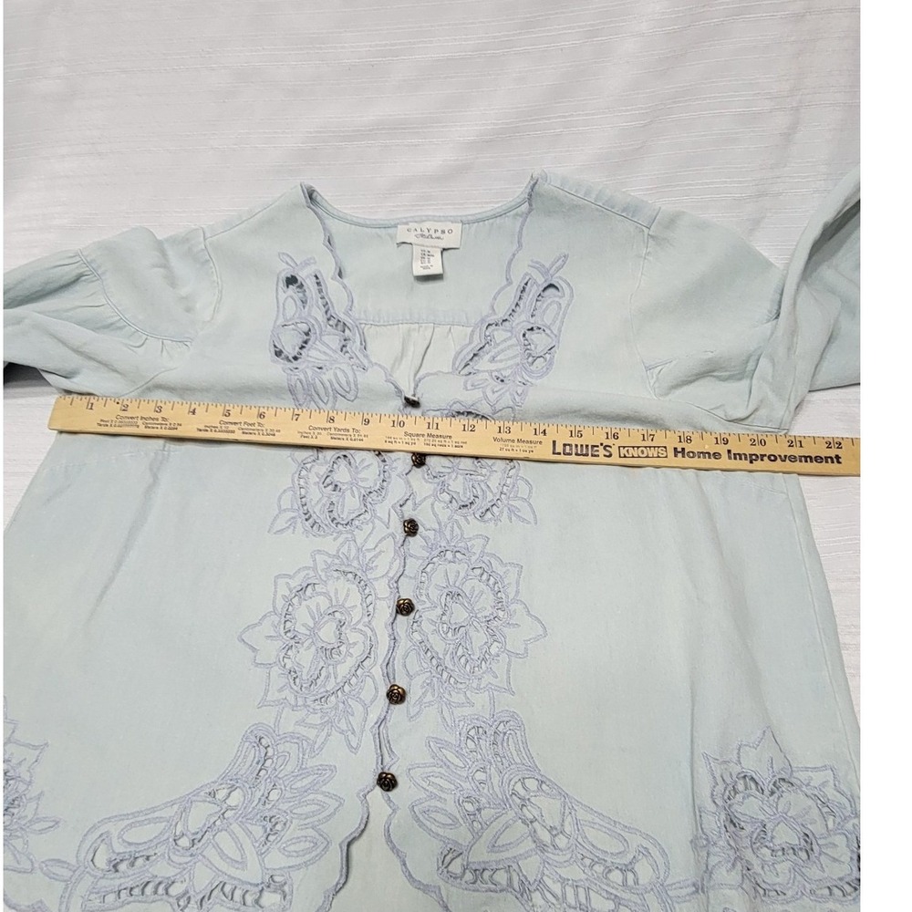 Blue Embroidered Eyelet Cotton Blouse Rose Buttons M Calypso St. Barth Womens - Picture 9 of 10